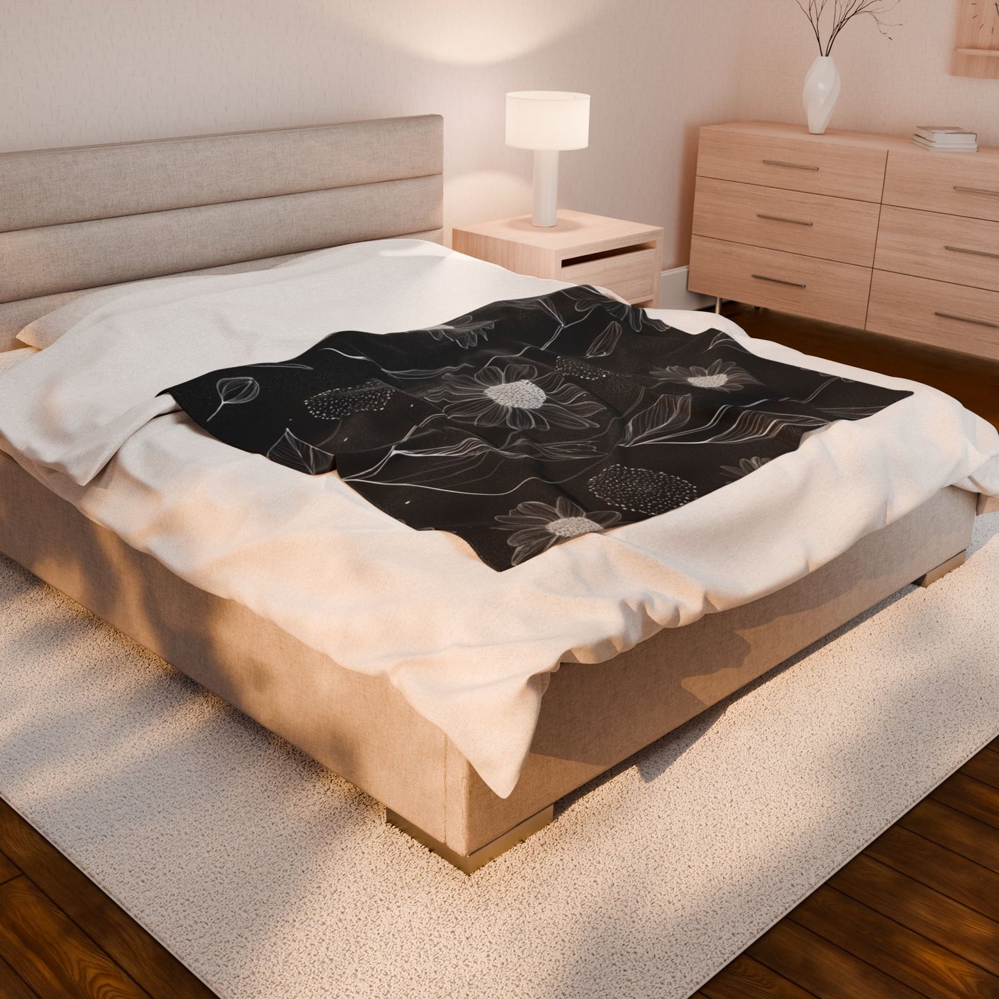 Black and White Floral Velveteen Plush Blanket