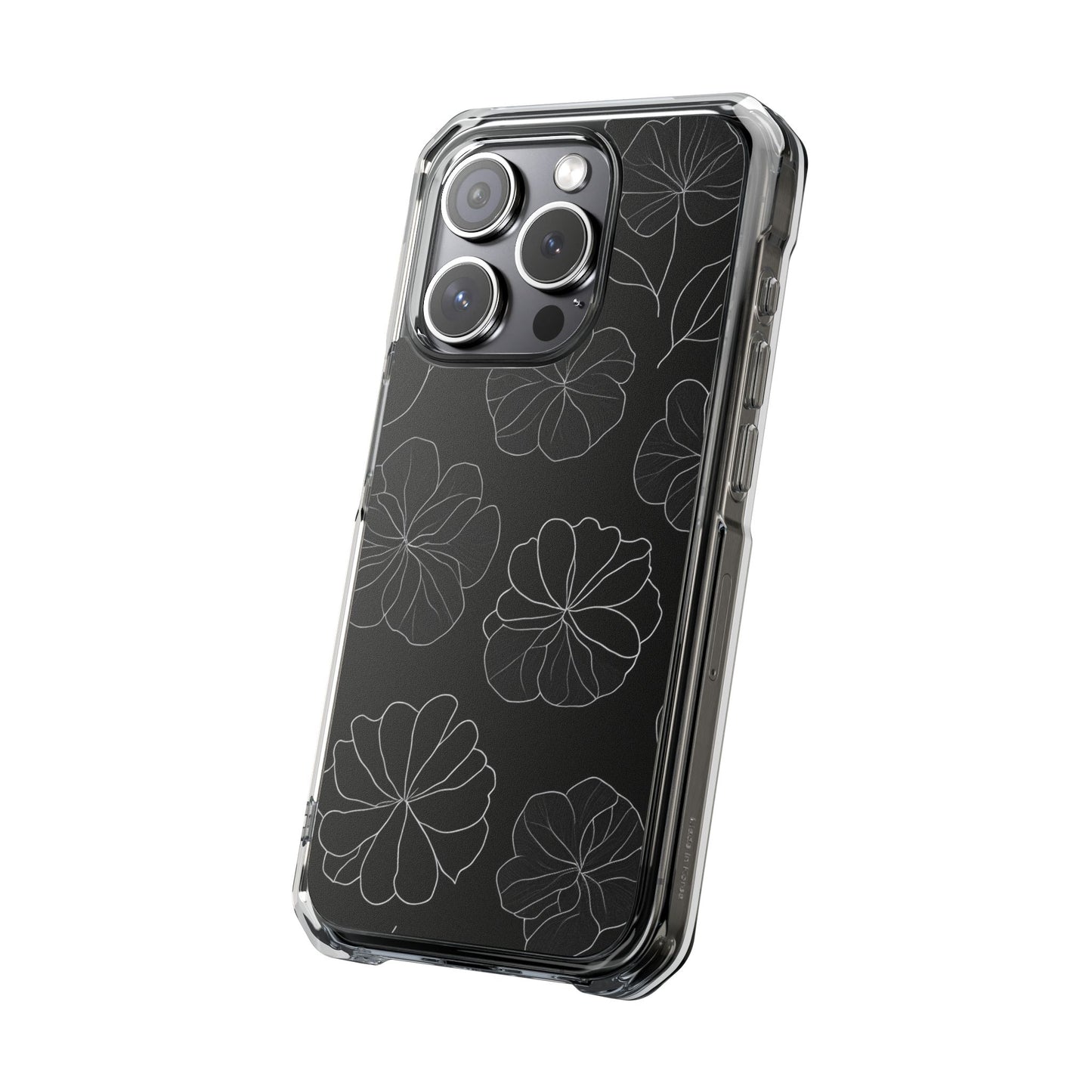 Black Floral Magnetic Clear Impact Case for iPhone 16 15 14