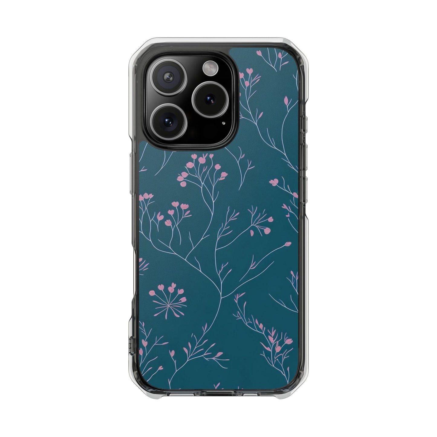 Teal Floral Magnetic Clear Impact Case for iPhone 16 15 14