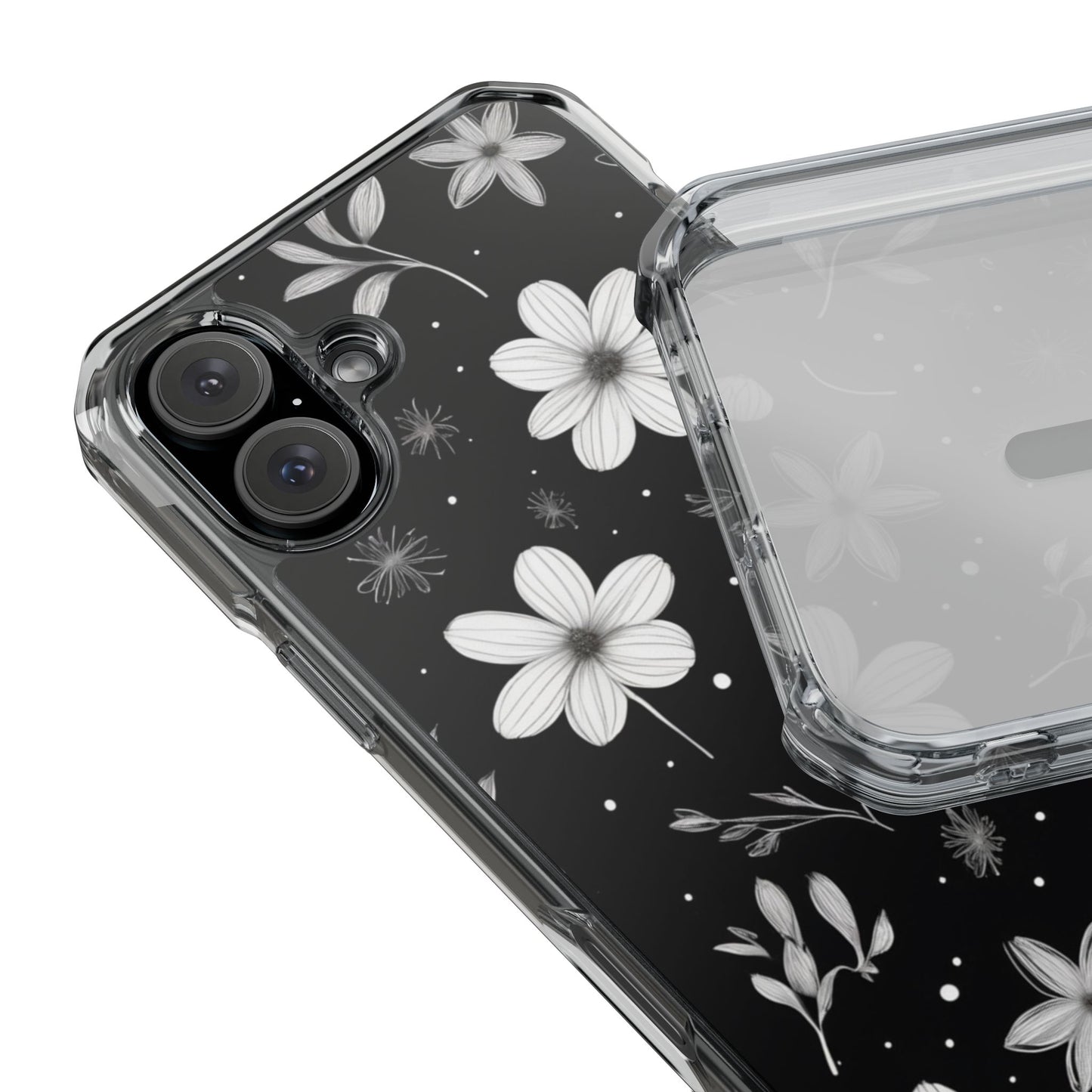Chic Black and White Floral Print Magnetic Clear Impact Case for iPhone 16 15 14