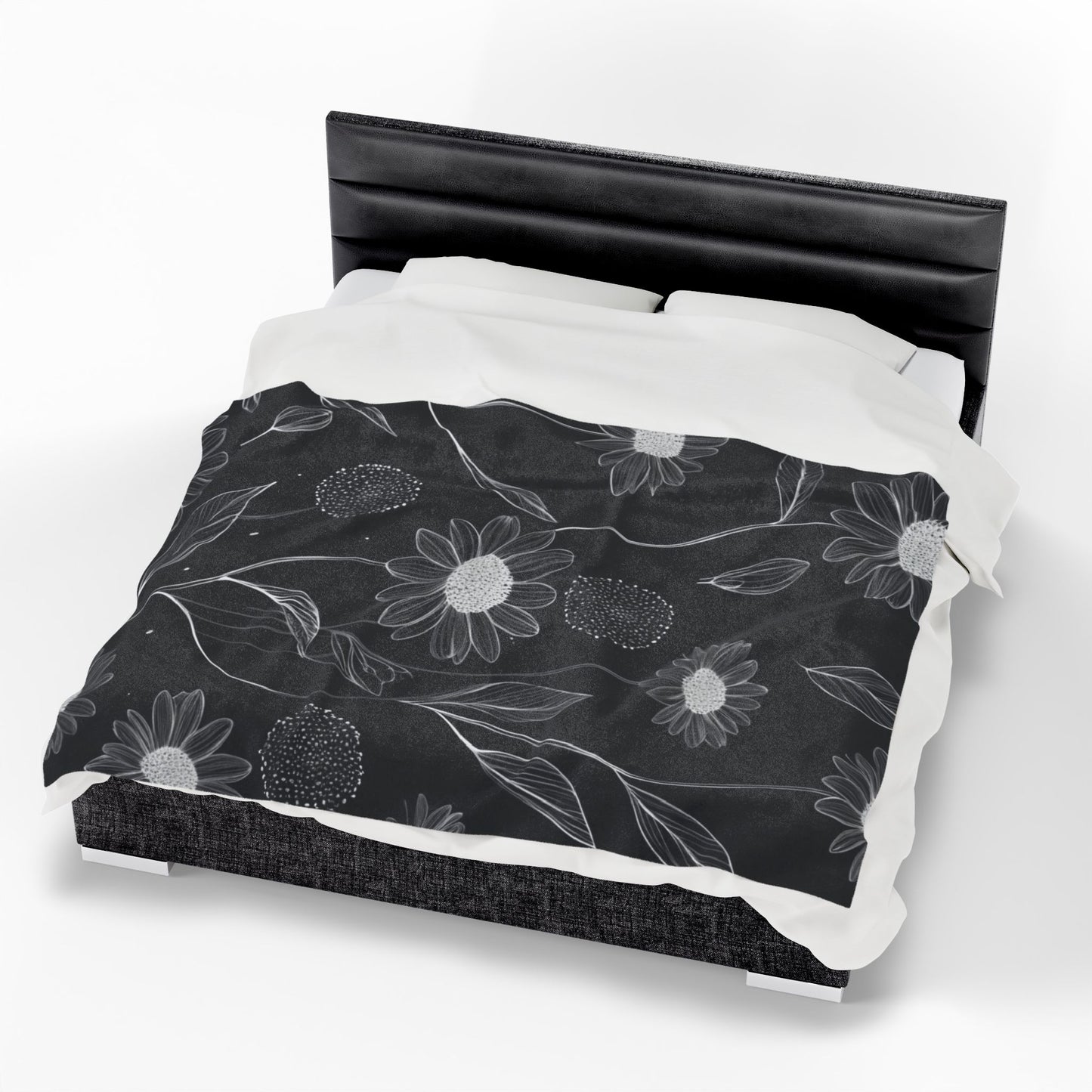 Black and White Floral Velveteen Plush Blanket
