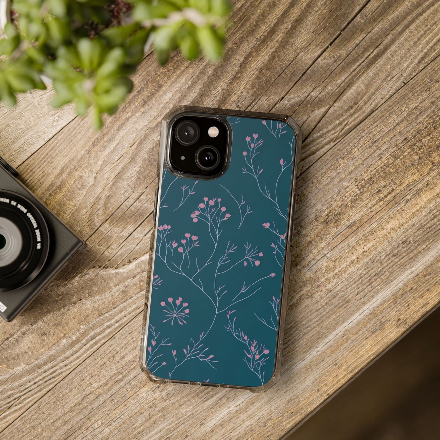 Teal Floral Magnetic Clear Impact Case for iPhone 16 15 14