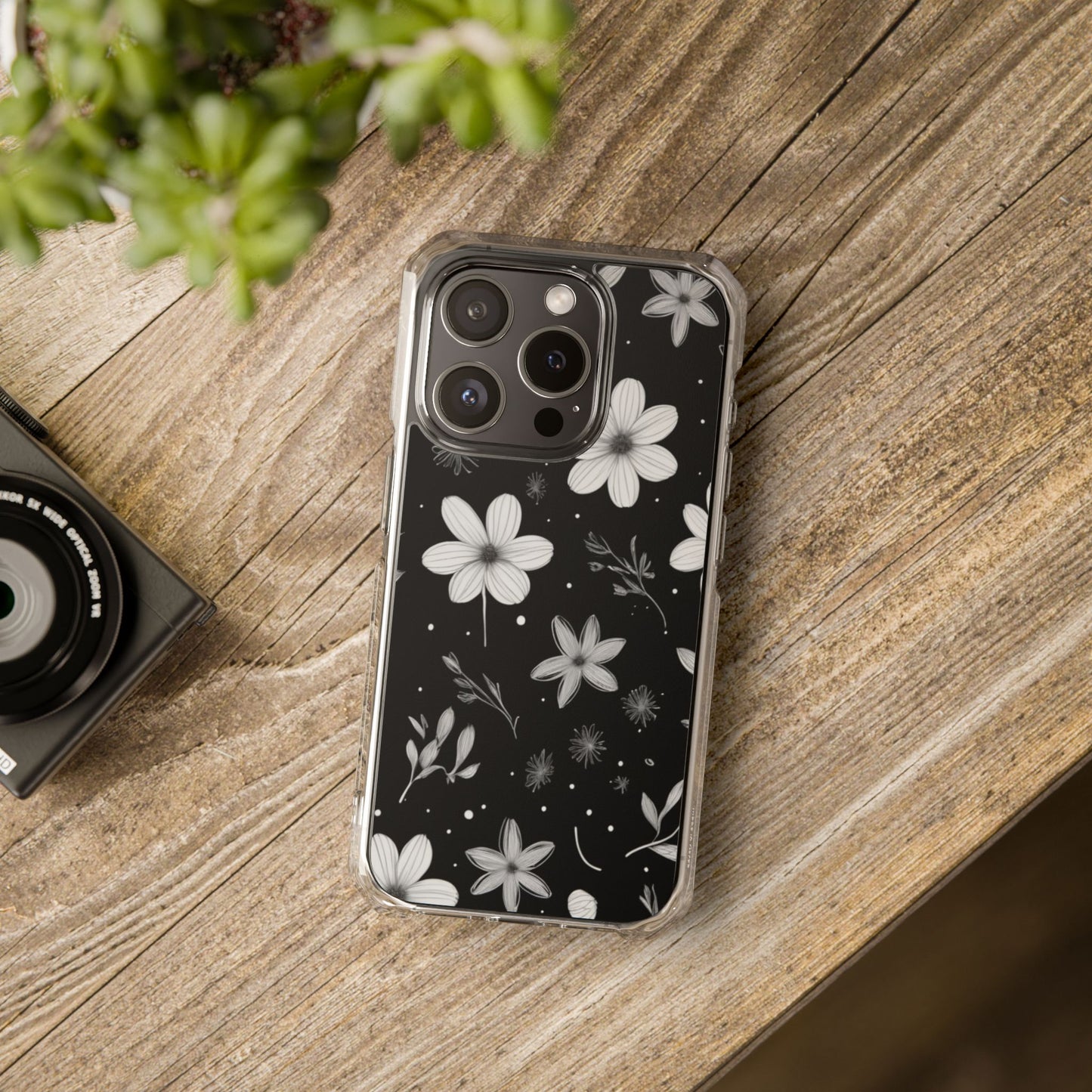 Chic Black and White Floral Print Magnetic Clear Impact Case for iPhone 16 15 14