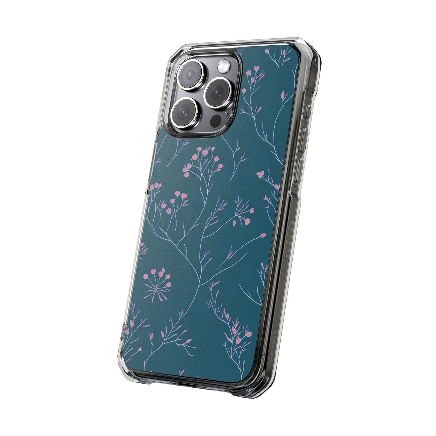 Teal Floral Magnetic Clear Impact Case for iPhone 16 15 14