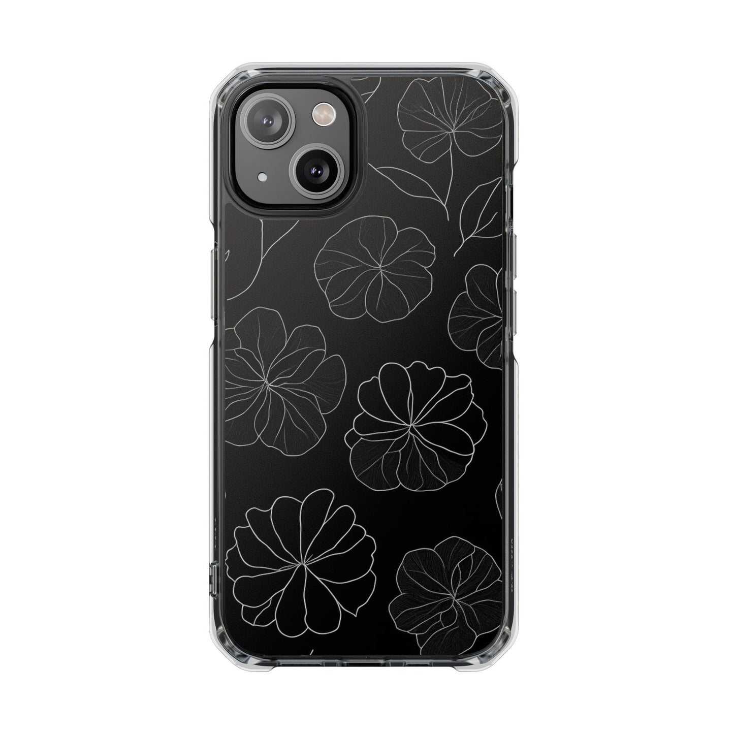 Black Floral Magnetic Clear Impact Case for iPhone 16 15 14