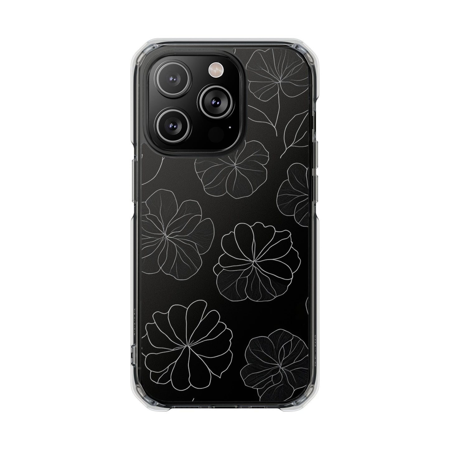 Black Floral Magnetic Clear Impact Case for iPhone 16 15 14