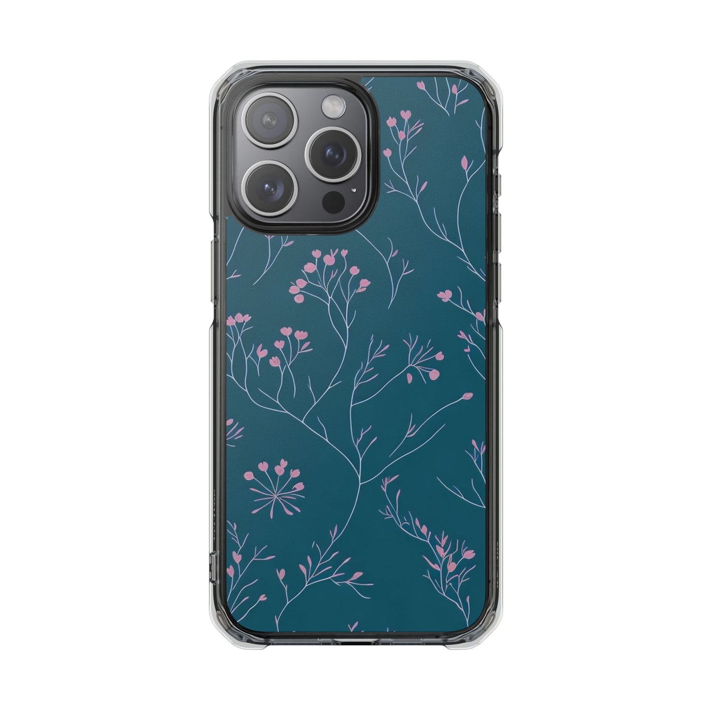 Teal Floral Magnetic Clear Impact Case for iPhone 16 15 14