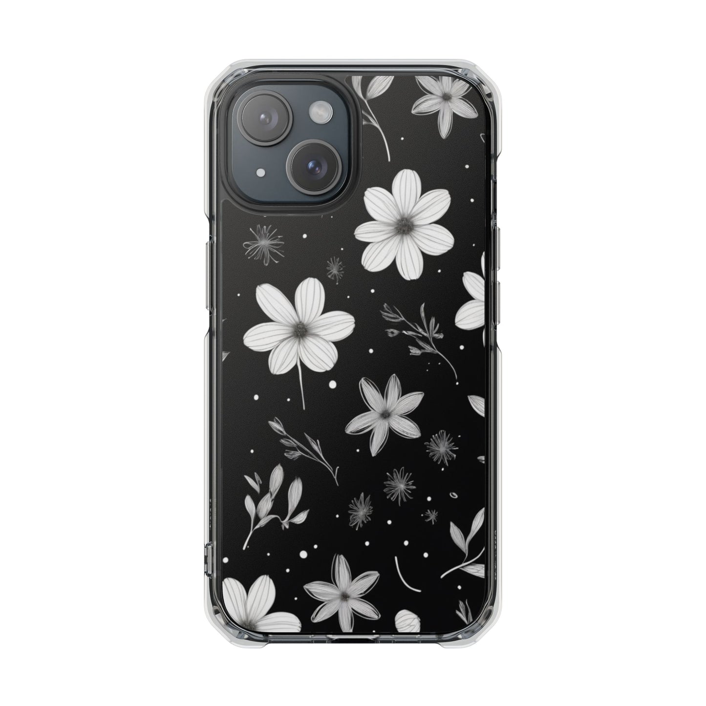 Chic Black and White Floral Print Magnetic Clear Impact Case for iPhone 16 15 14