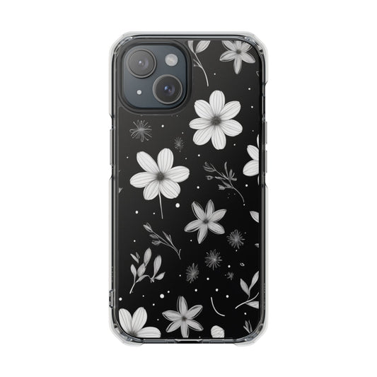 Chic Black and White Floral Print Magnetic Clear Impact Case for iPhone 16 15 14