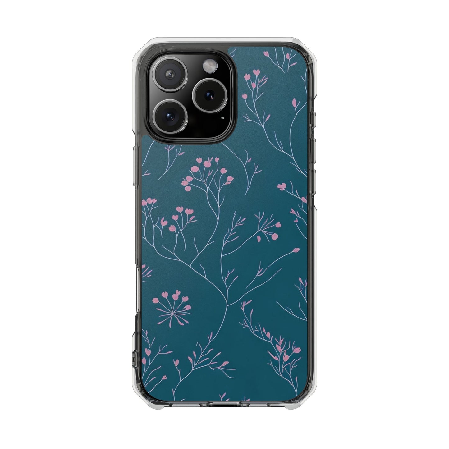 Teal Floral Magnetic Clear Impact Case for iPhone 16 15 14