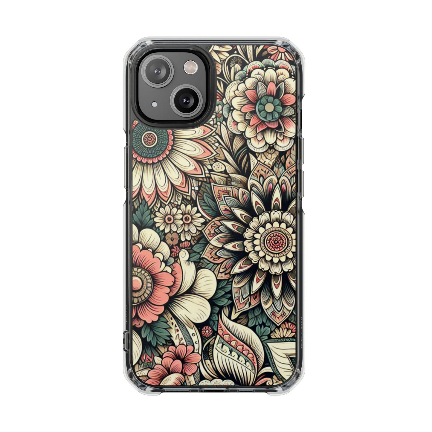 Boho Floral Magnetic Clear Impact Case for iPhone 16 15 14