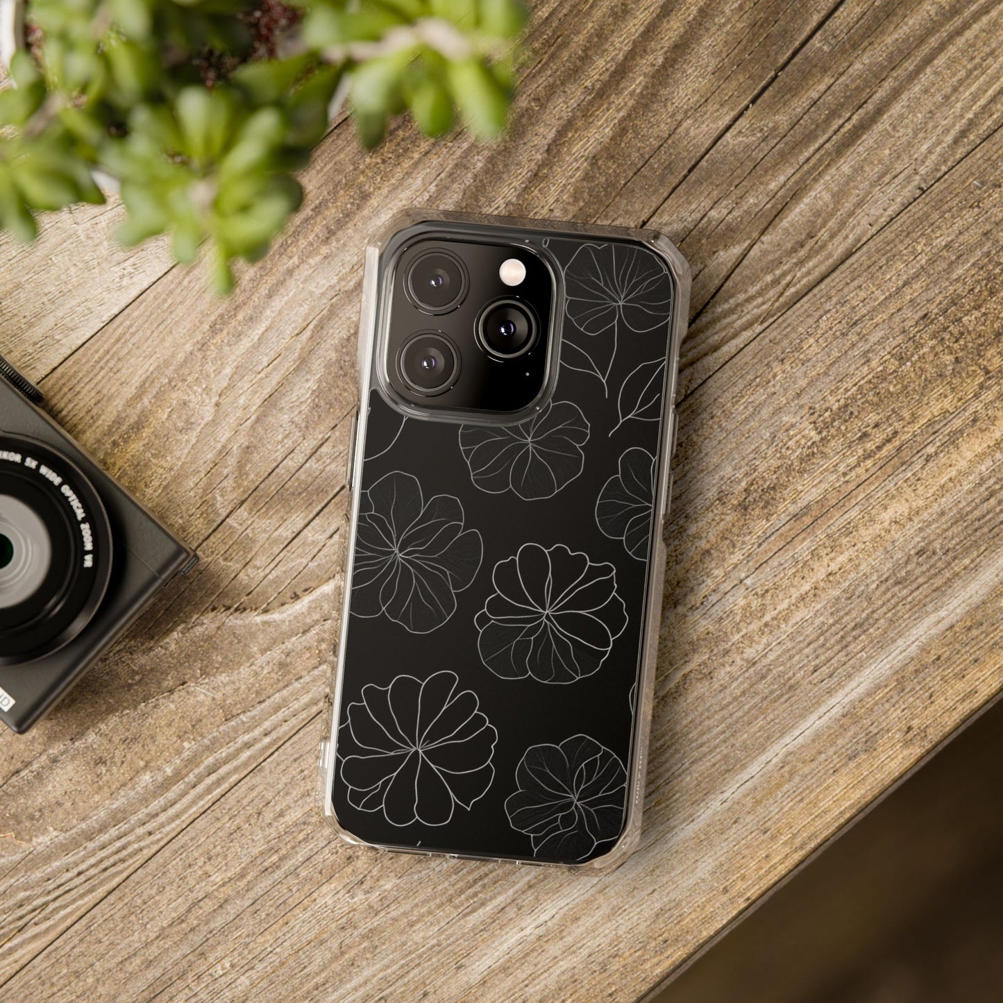 Black Floral Magnetic Clear Impact Case for iPhone 16 15 14