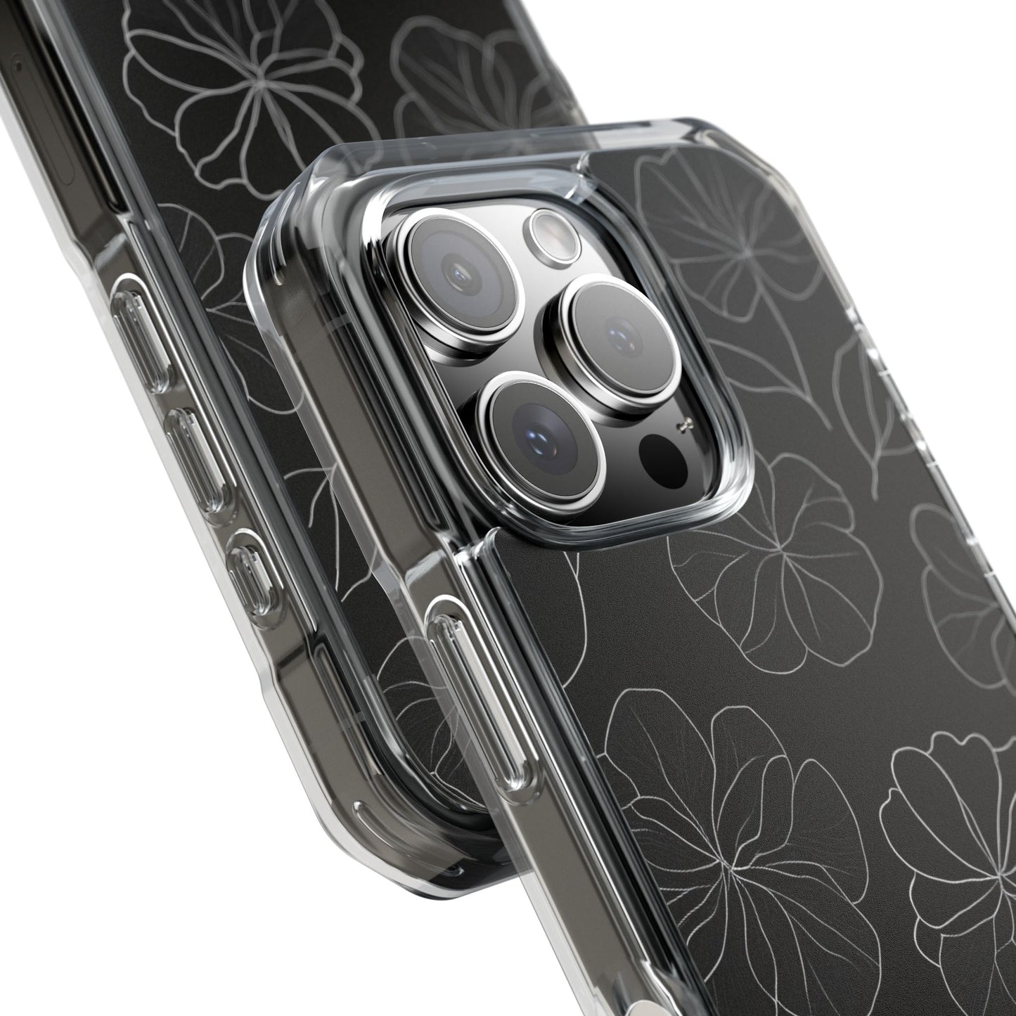 Black Floral Magnetic Clear Impact Case for iPhone 16 15 14