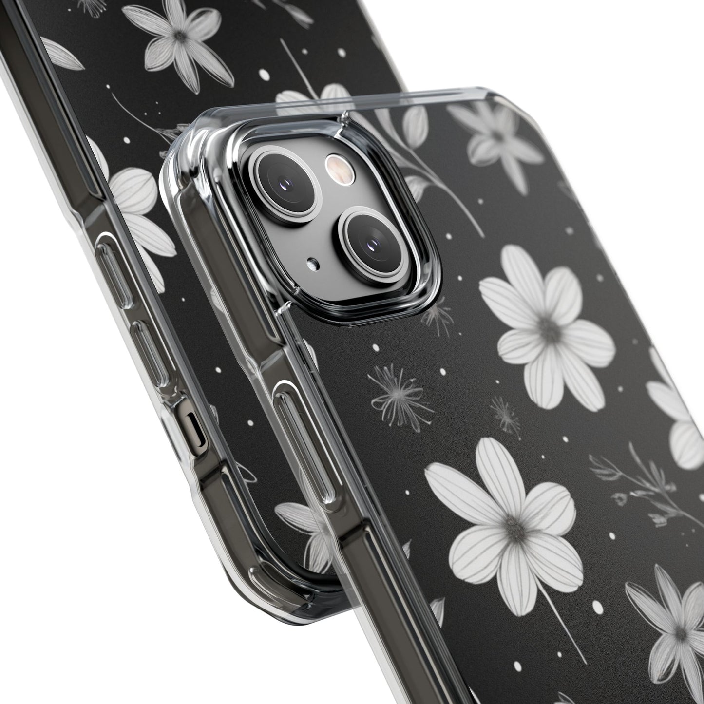 Chic Black and White Floral Print Magnetic Clear Impact Case for iPhone 16 15 14