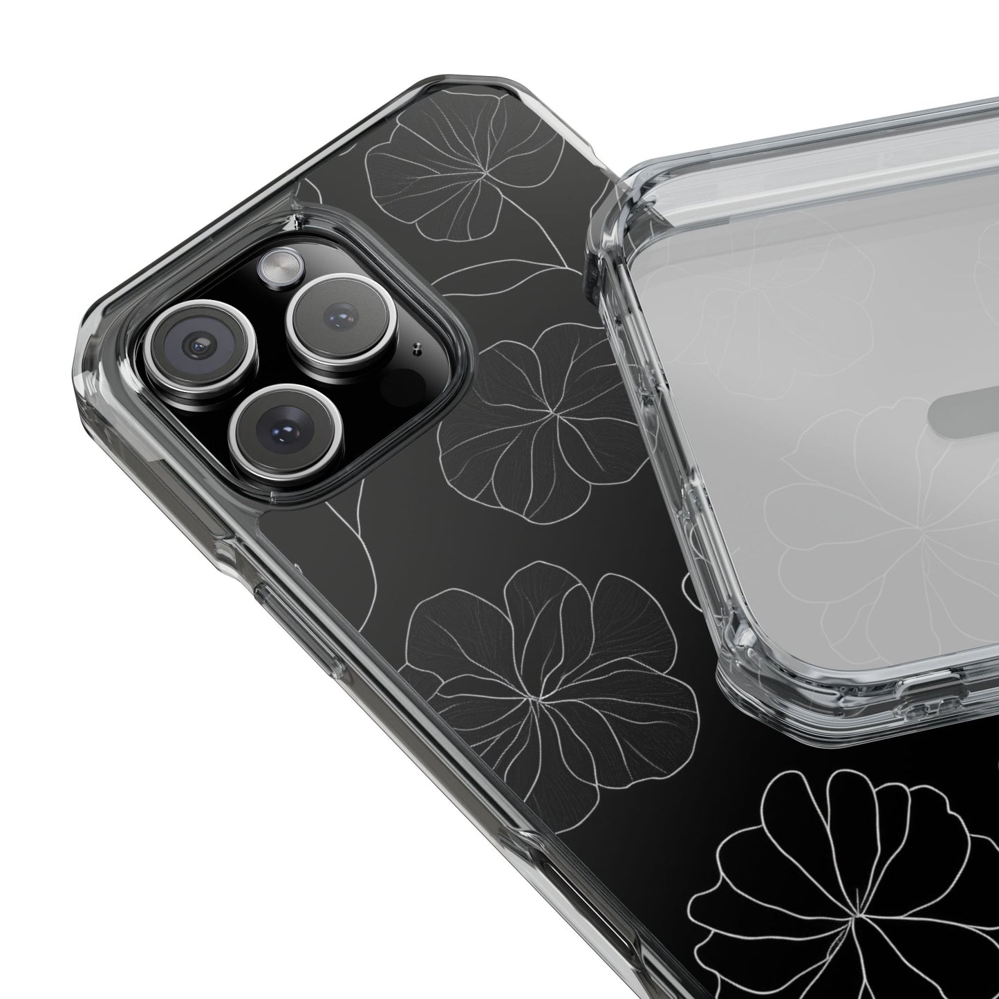 Black Floral Magnetic Clear Impact Case for iPhone 16 15 14
