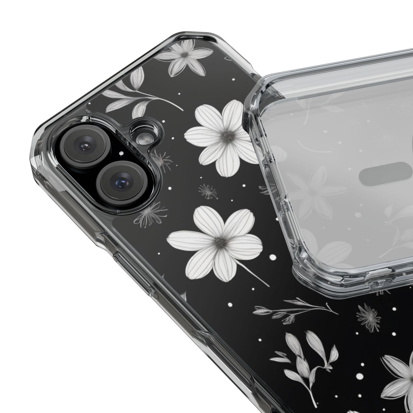 Chic Black and White Floral Print Magnetic Clear Impact Case for iPhone 16 15 14