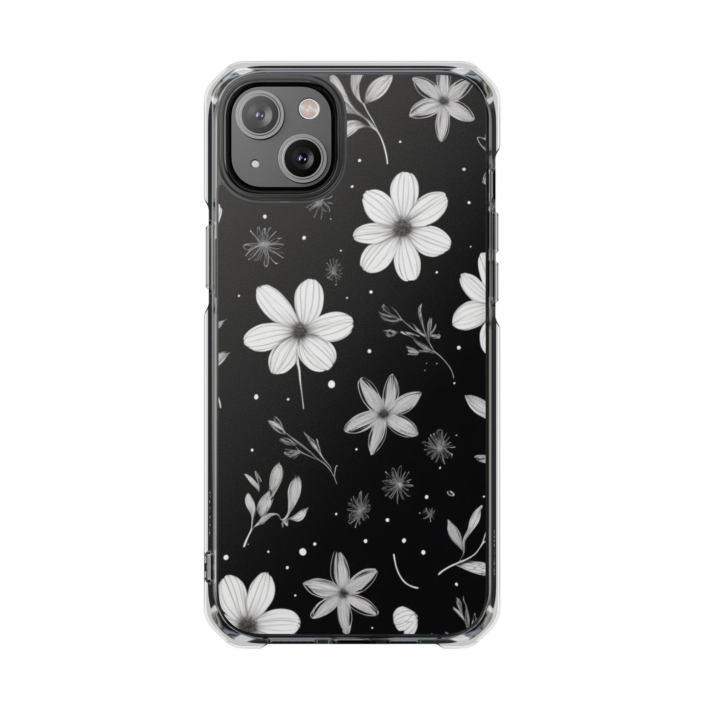 Chic Black and White Floral Print Magnetic Clear Impact Case for iPhone 16 15 14