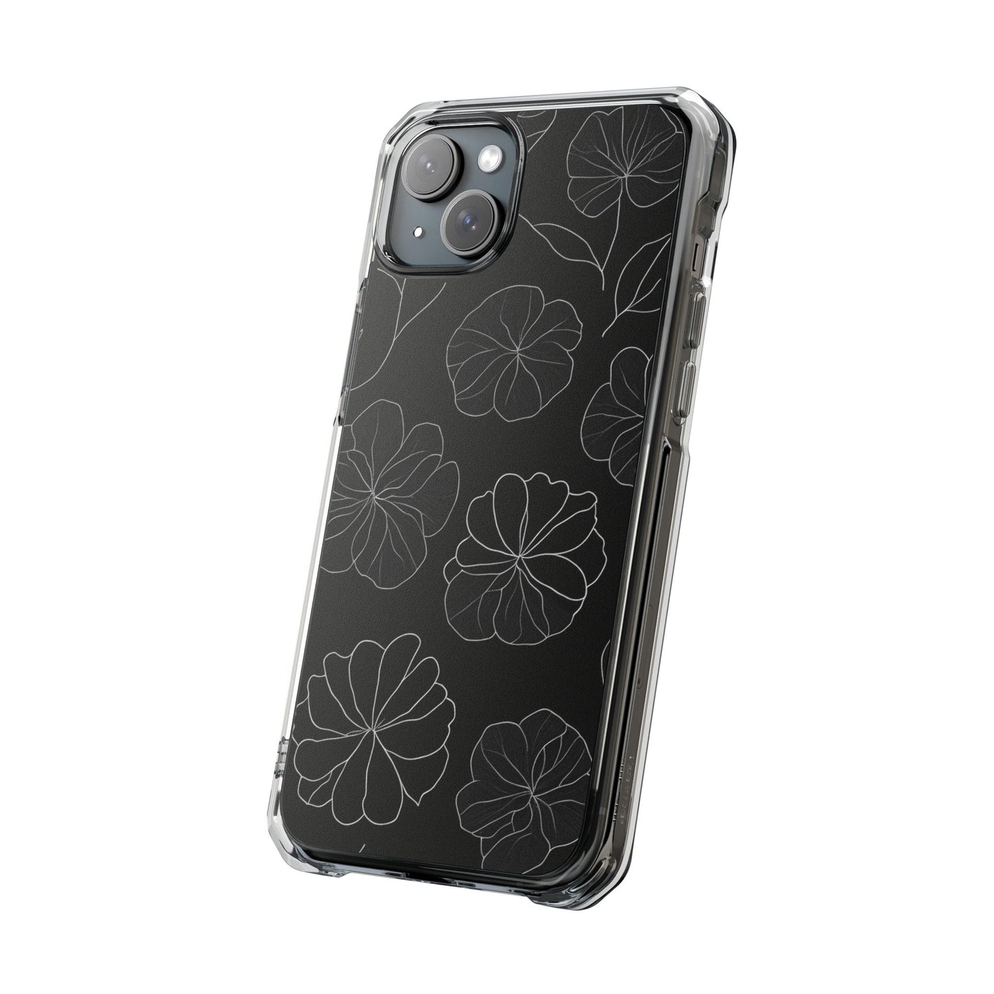 Black Floral Magnetic Clear Impact Case for iPhone 16 15 14