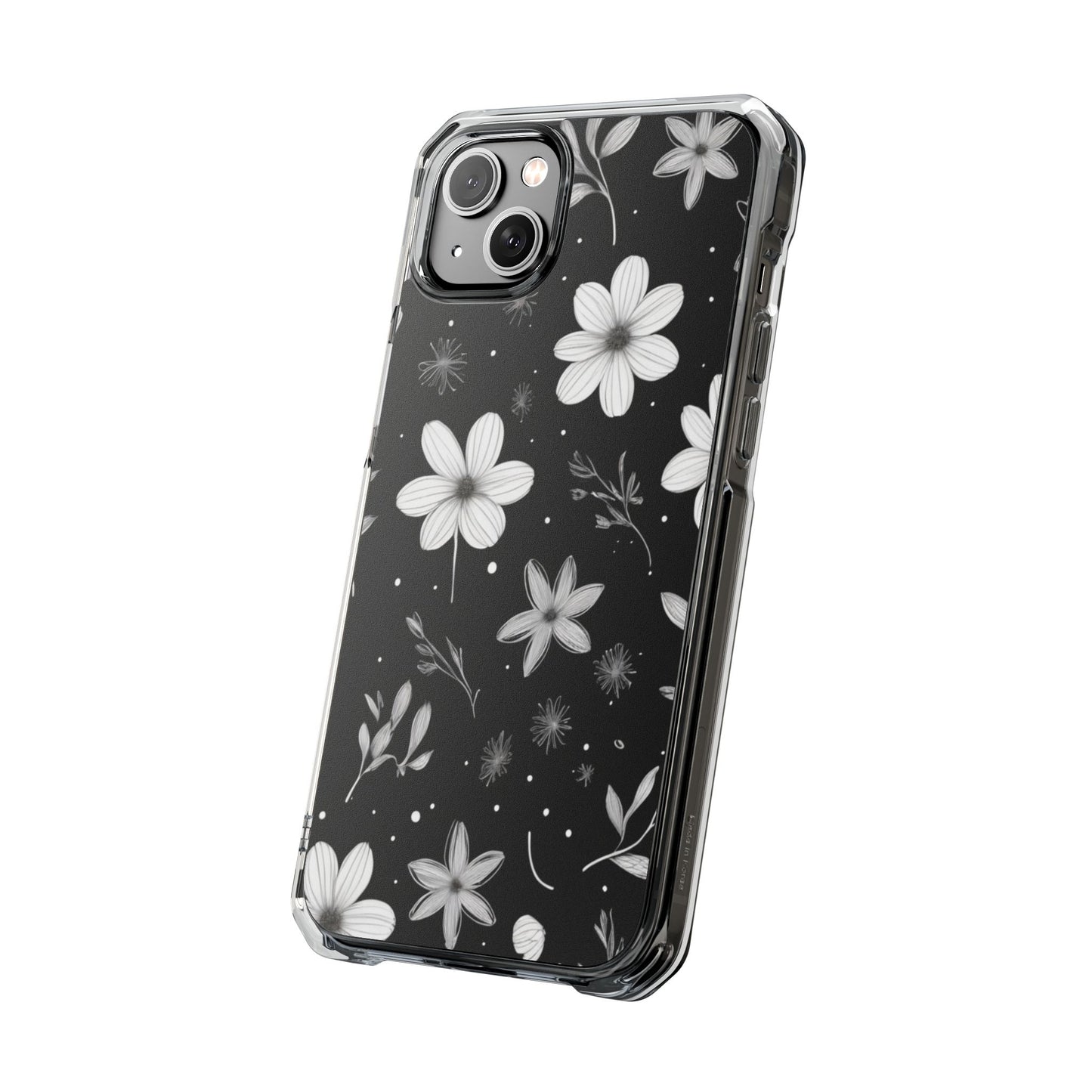 Chic Black and White Floral Print Magnetic Clear Impact Case for iPhone 16 15 14