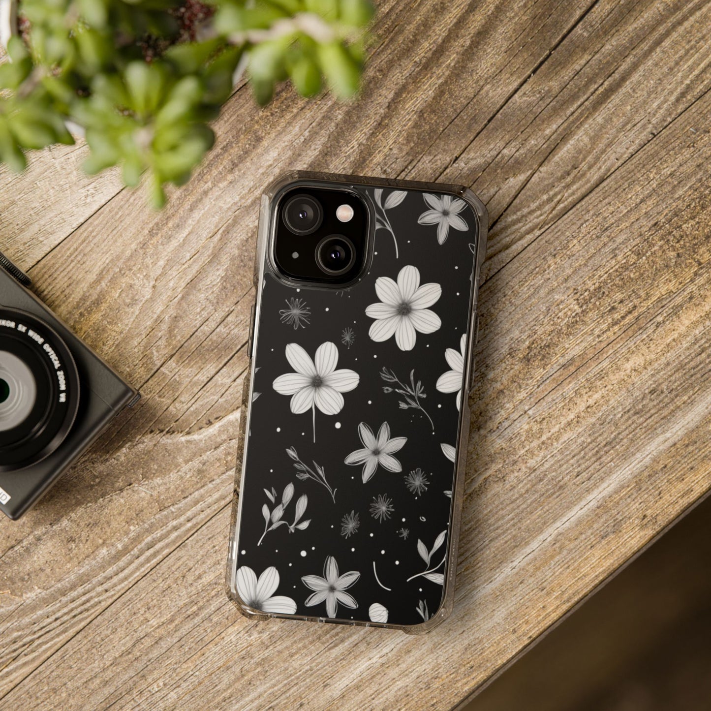 Chic Black and White Floral Print Magnetic Clear Impact Case for iPhone 16 15 14