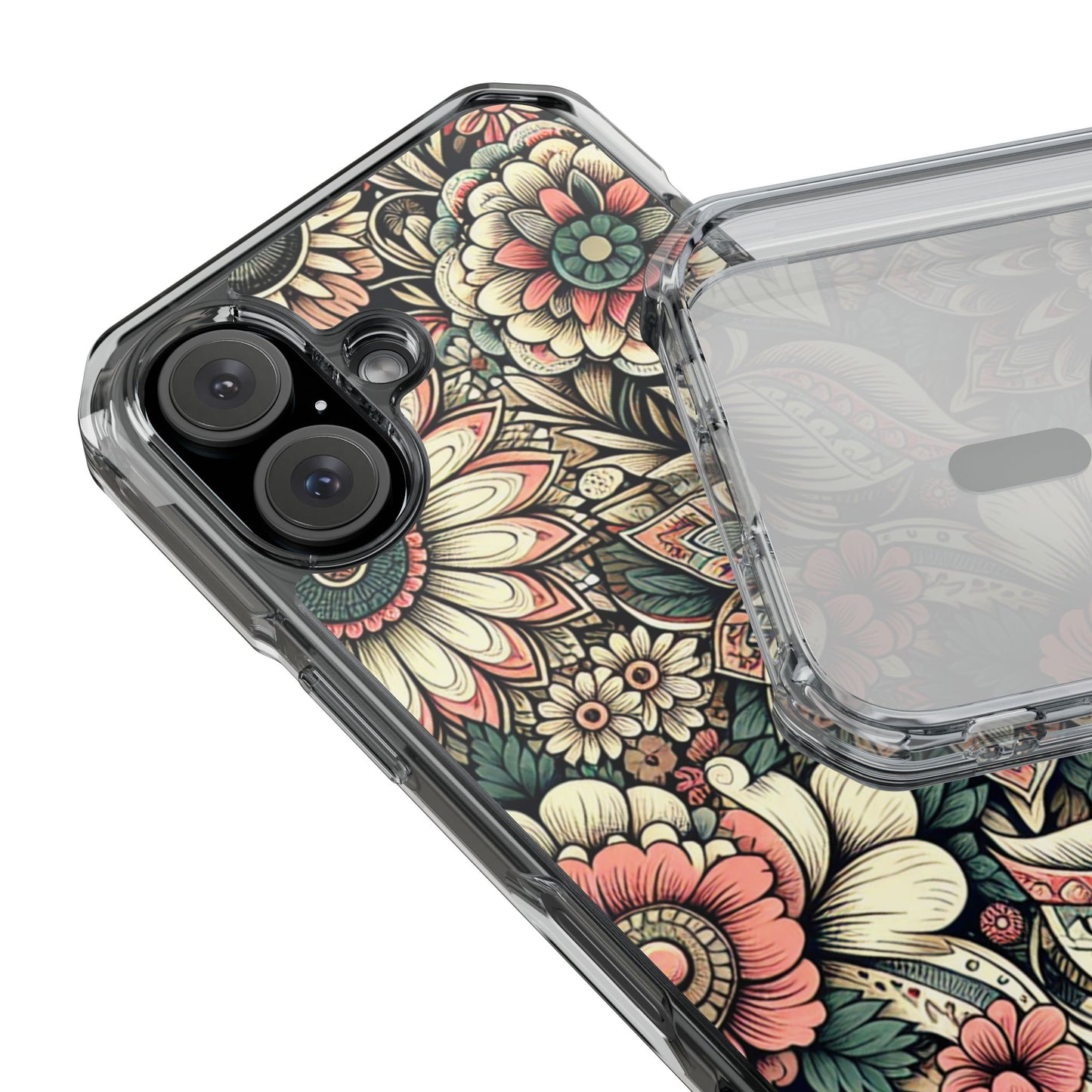 Boho Floral Magnetic Clear Impact Case for iPhone 16 15 14