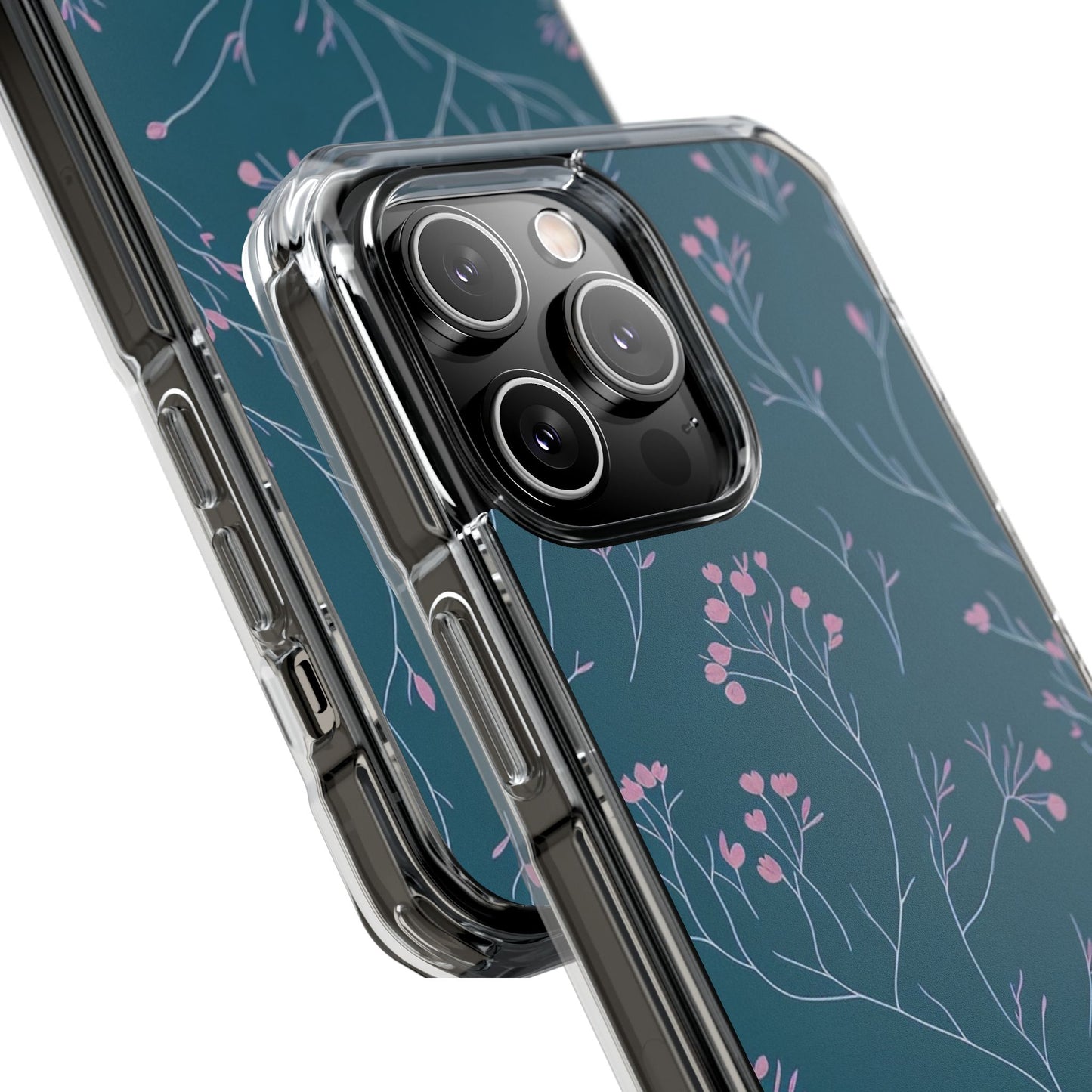 Teal Floral Magnetic Clear Impact Case for iPhone 16 15 14