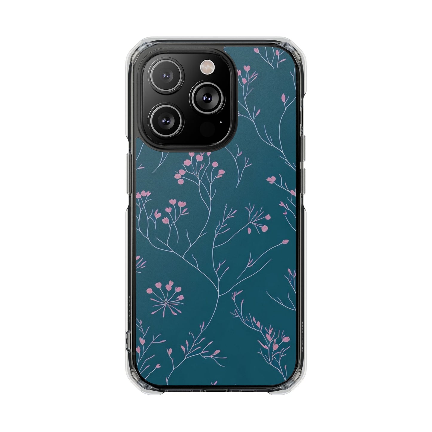 Teal Floral Magnetic Clear Impact Case for iPhone 16 15 14