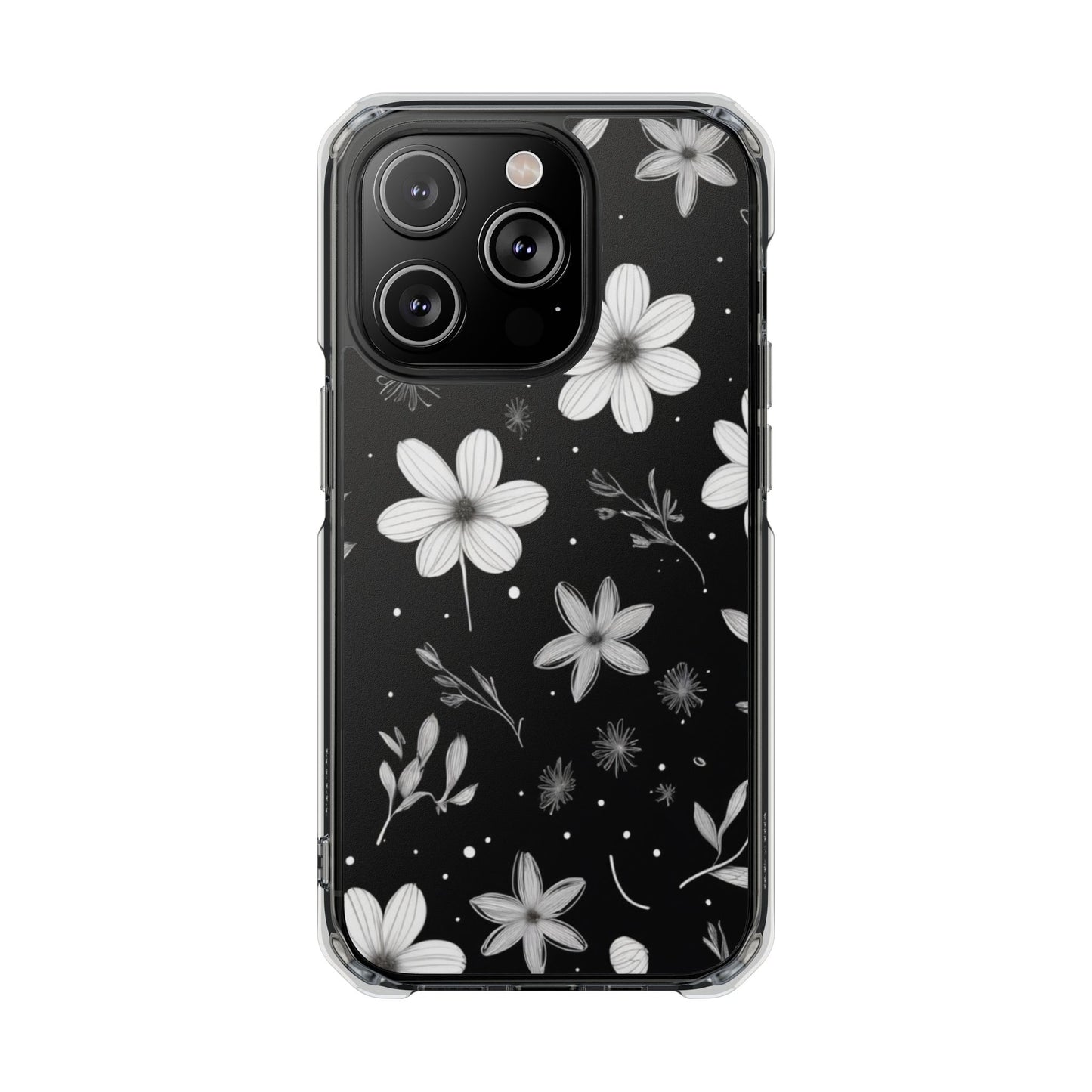 Chic Black and White Floral Print Magnetic Clear Impact Case for iPhone 16 15 14