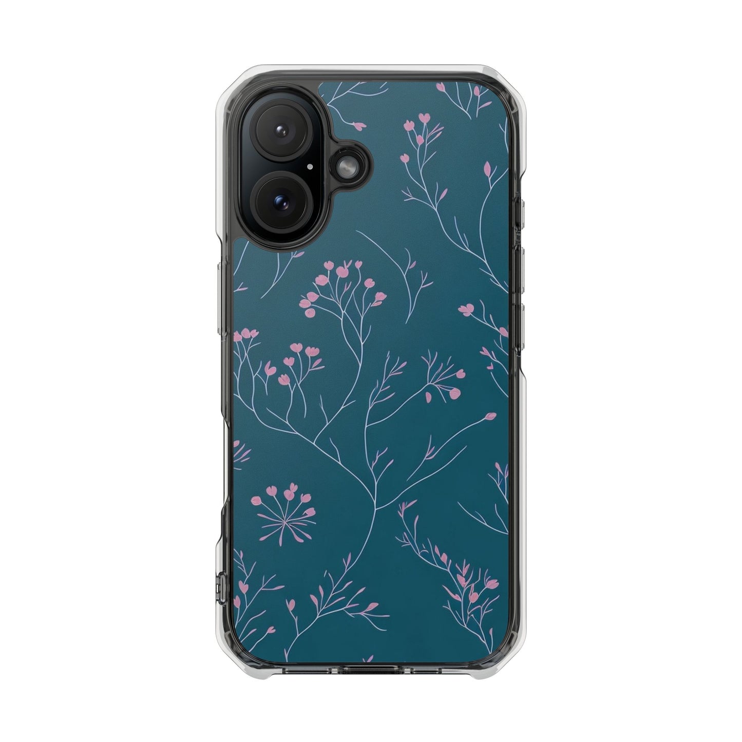 Teal Floral Magnetic Clear Impact Case for iPhone 16 15 14