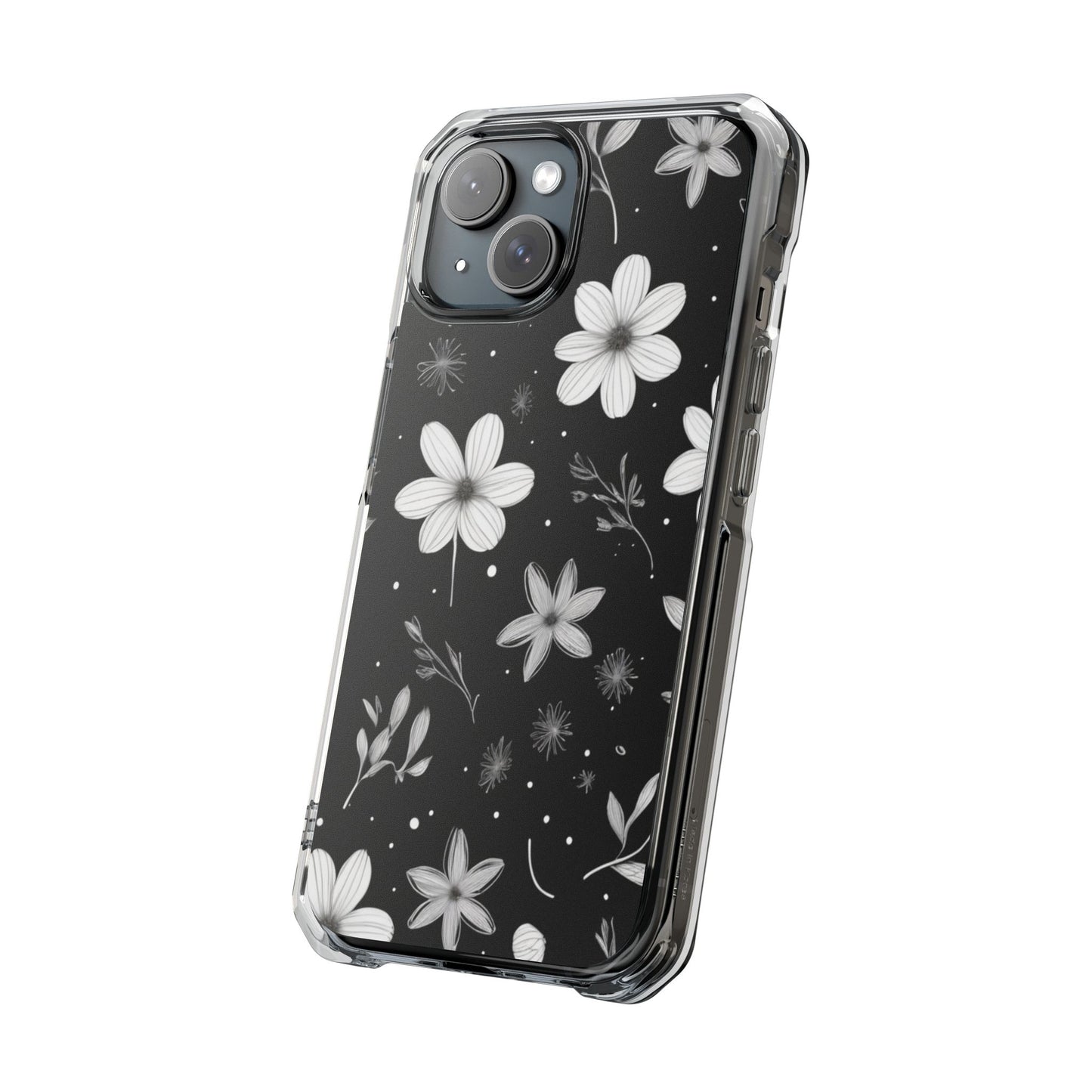 Chic Black and White Floral Print Magnetic Clear Impact Case for iPhone 16 15 14