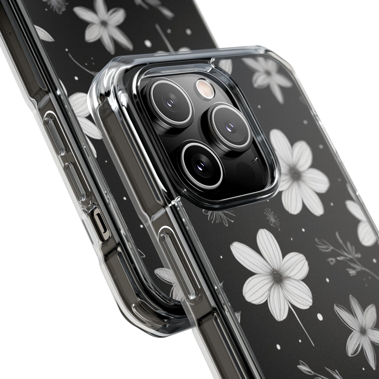 Chic Black and White Floral Print Magnetic Clear Impact Case for iPhone 16 15 14