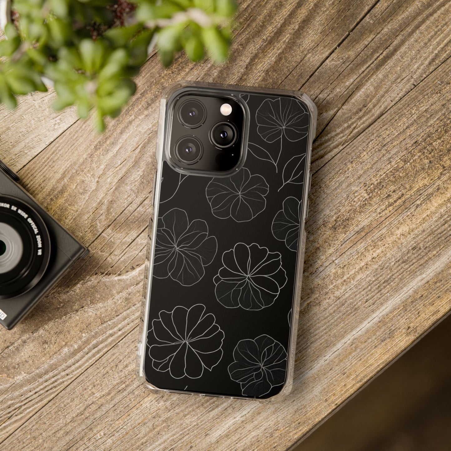 Black Floral Magnetic Clear Impact Case for iPhone 16 15 14