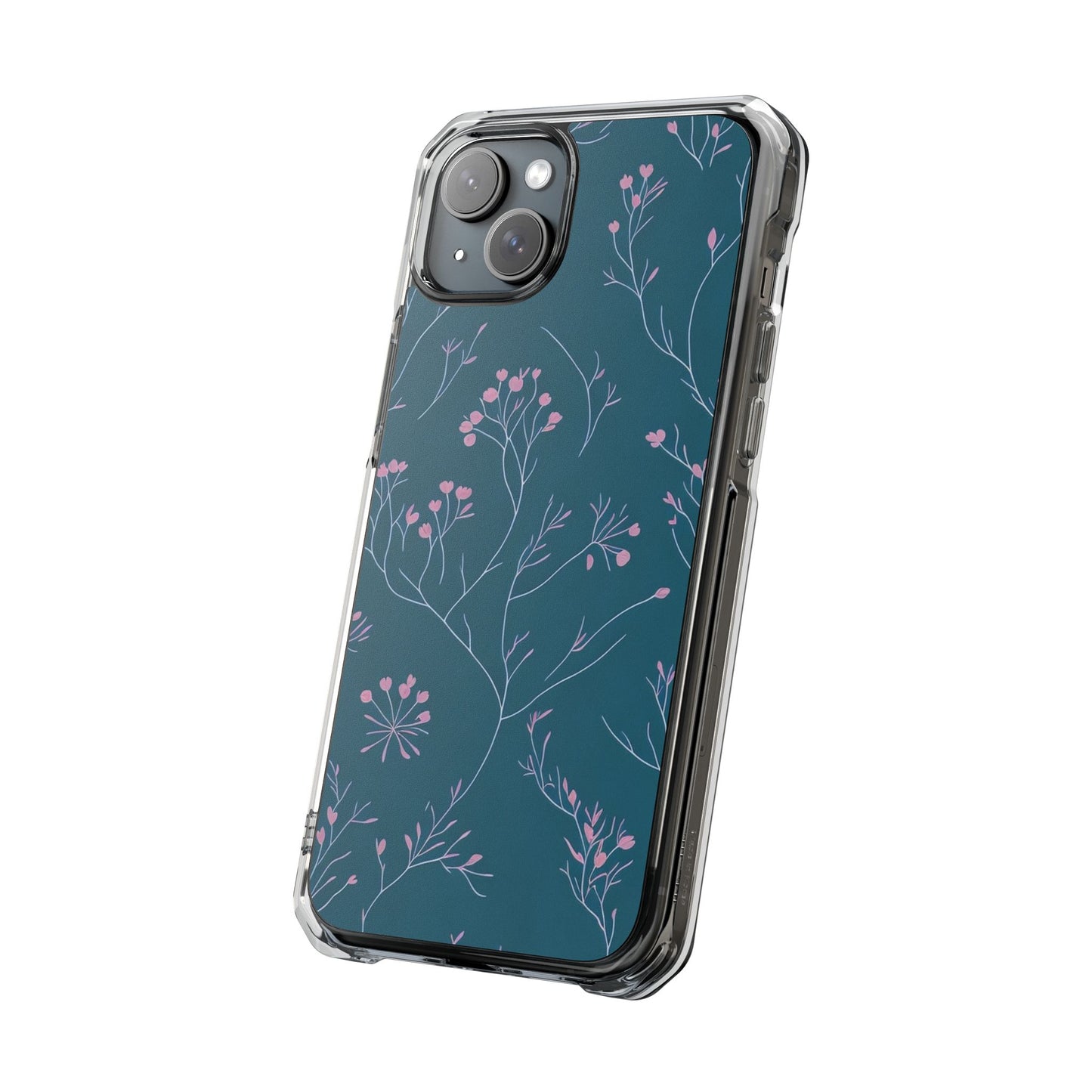 Teal Floral Magnetic Clear Impact Case for iPhone 16 15 14
