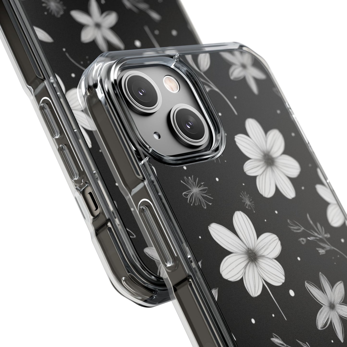 Chic Black and White Floral Print Magnetic Clear Impact Case for iPhone 16 15 14