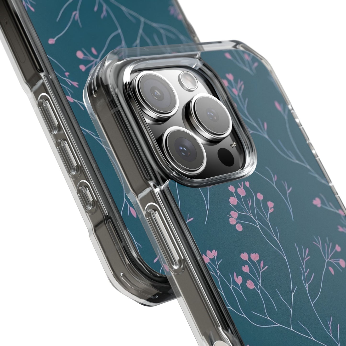 Teal Floral Magnetic Clear Impact Case for iPhone 16 15 14