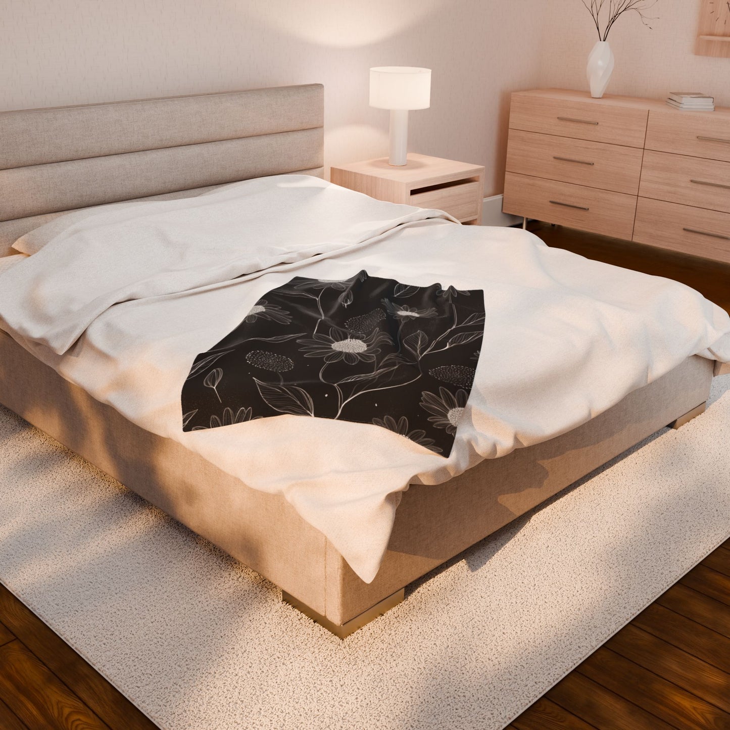 Black and White Floral Velveteen Plush Blanket