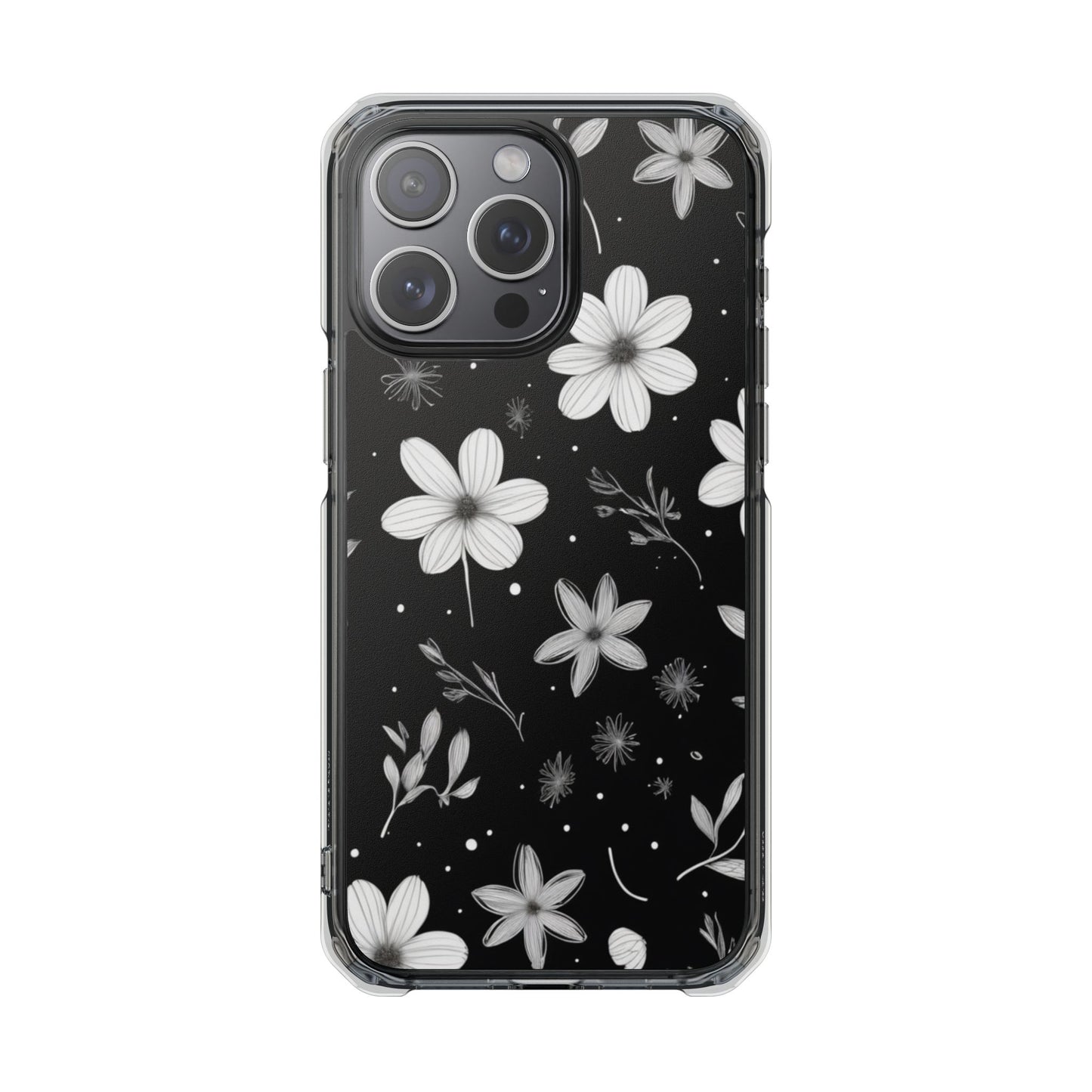 Chic Black and White Floral Print Magnetic Clear Impact Case for iPhone 16 15 14