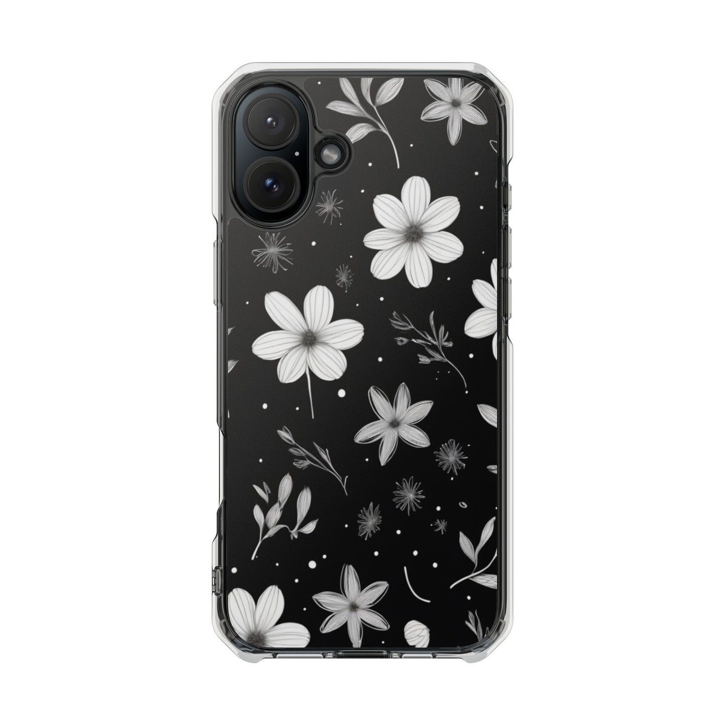 Chic Black and White Floral Print Magnetic Clear Impact Case for iPhone 16 15 14