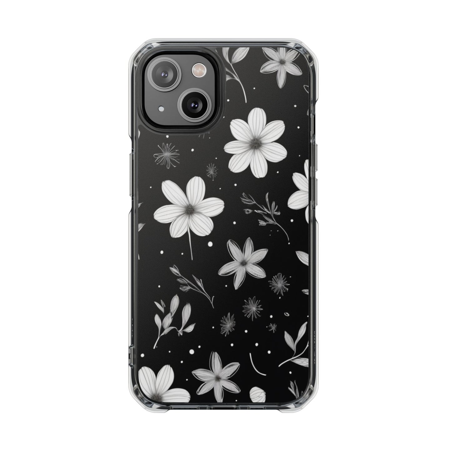 Chic Black and White Floral Print Magnetic Clear Impact Case for iPhone 16 15 14