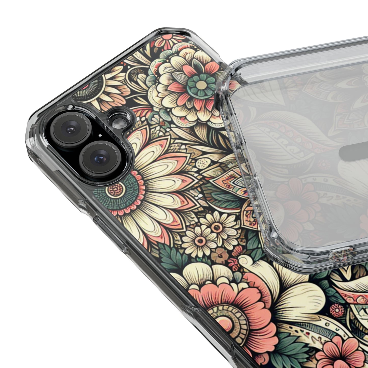 Boho Floral Magnetic Clear Impact Case for iPhone 16 15 14