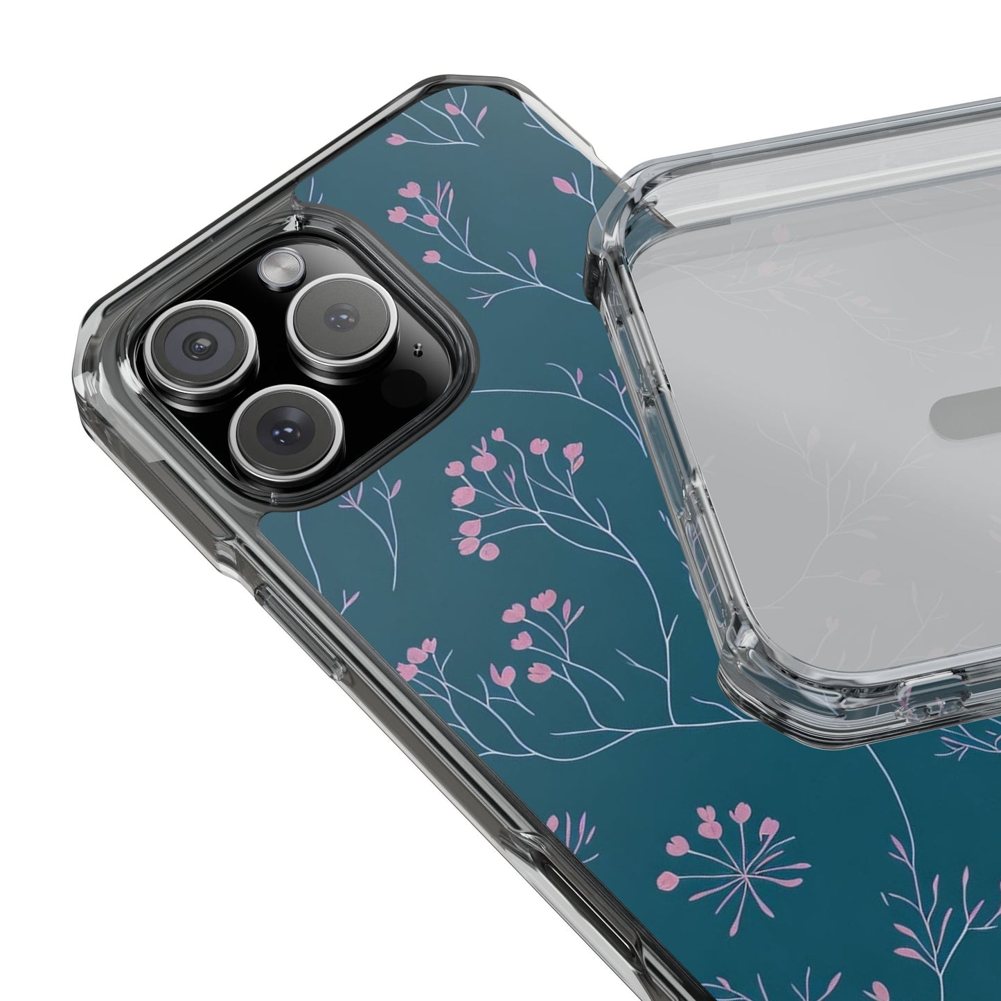 Teal Floral Magnetic Clear Impact Case for iPhone 16 15 14