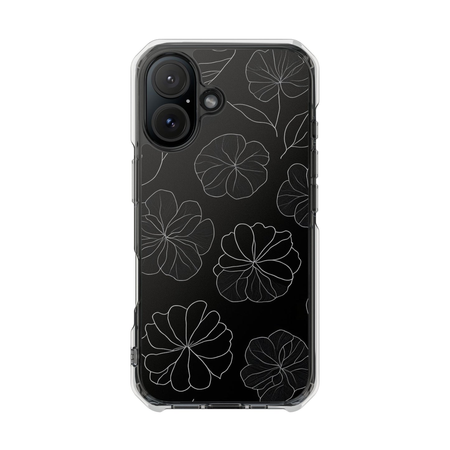 Black Floral Magnetic Clear Impact Case for iPhone 16 15 14