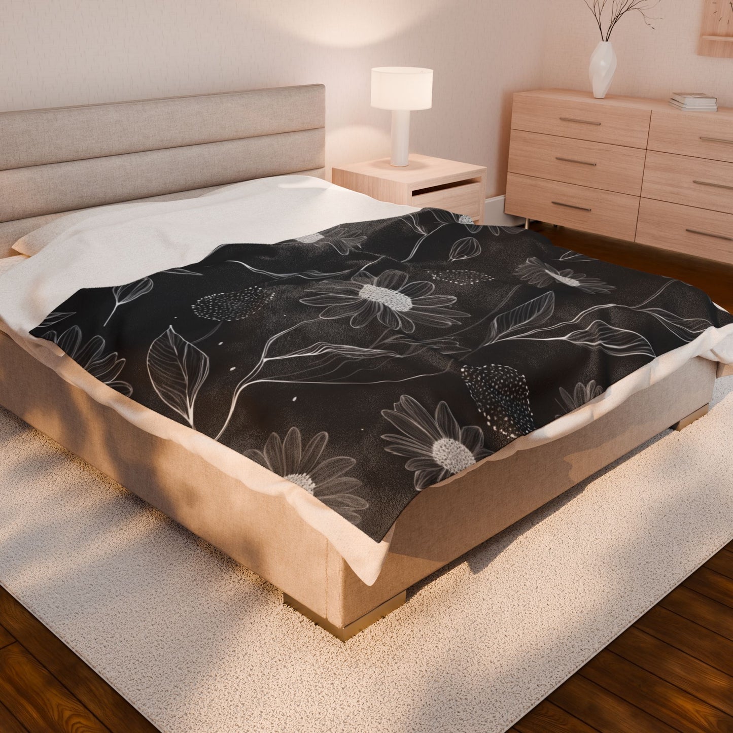 Black and White Floral Velveteen Plush Blanket