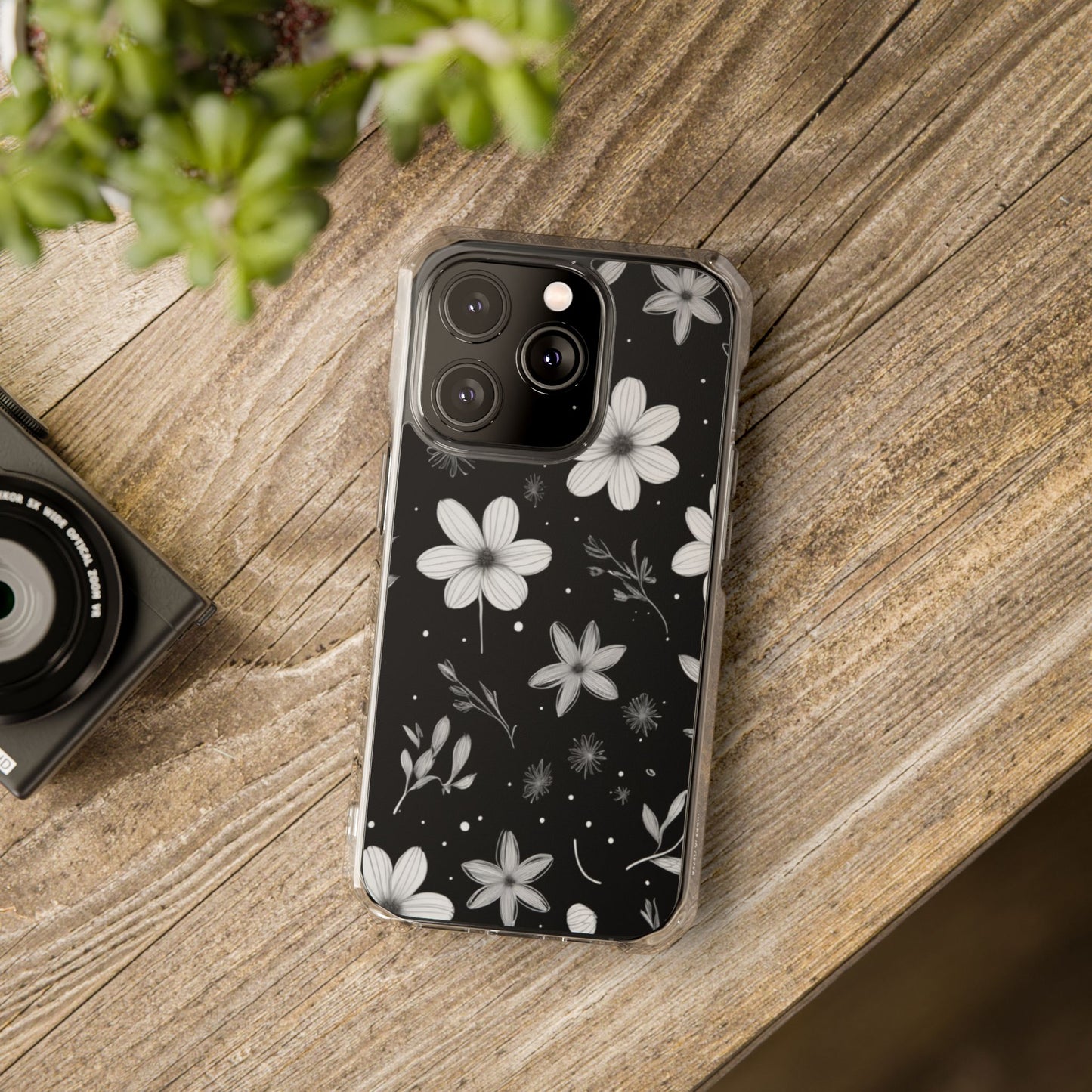 Chic Black and White Floral Print Magnetic Clear Impact Case for iPhone 16 15 14