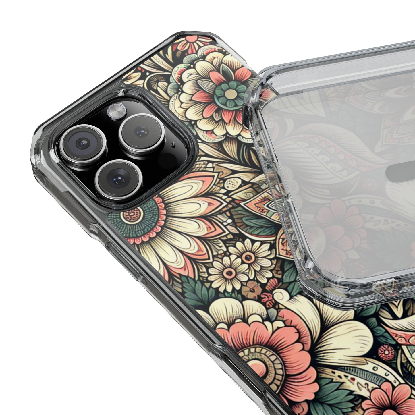Boho Floral Magnetic Clear Impact Case for iPhone 16 15 14