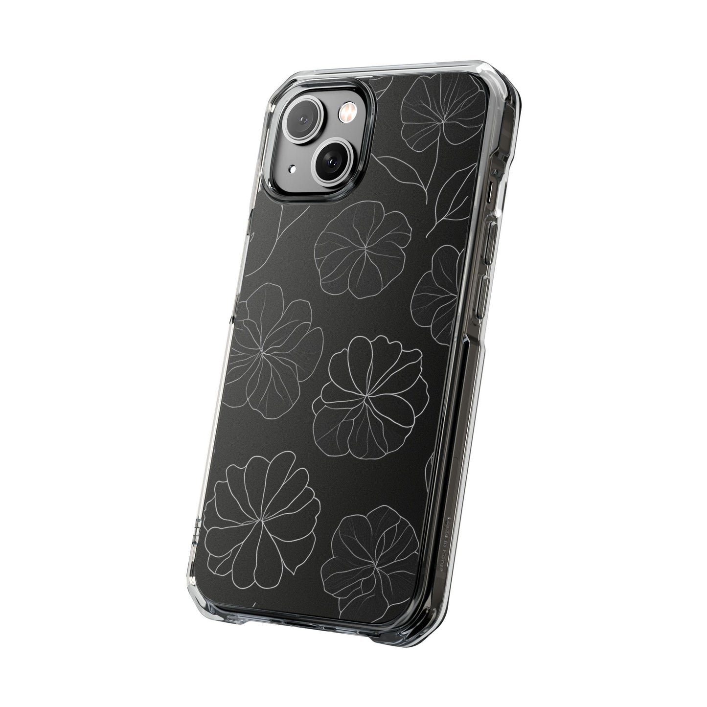 Black Floral Magnetic Clear Impact Case for iPhone 16 15 14