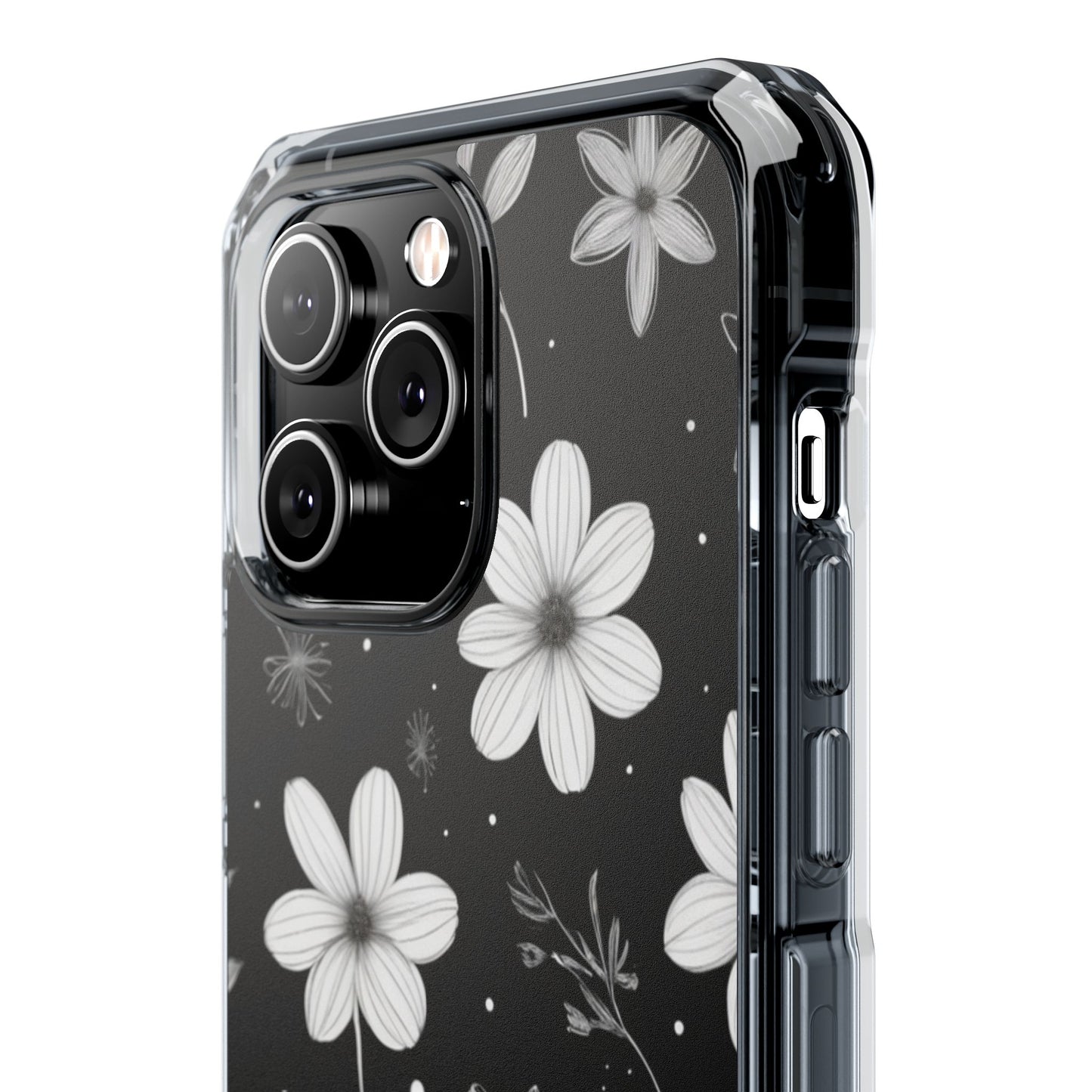 Chic Black and White Floral Print Magnetic Clear Impact Case for iPhone 16 15 14