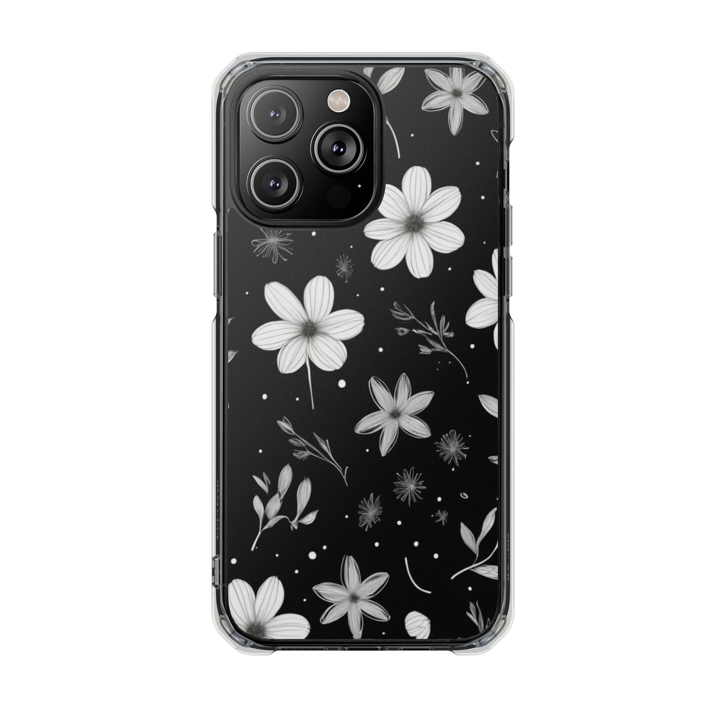 Chic Black and White Floral Print Magnetic Clear Impact Case for iPhone 16 15 14