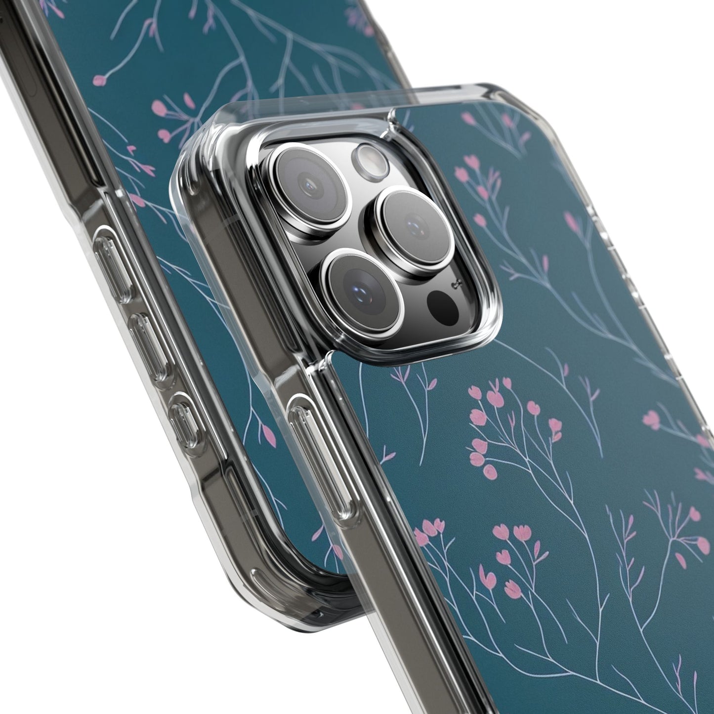 Teal Floral Magnetic Clear Impact Case for iPhone 16 15 14