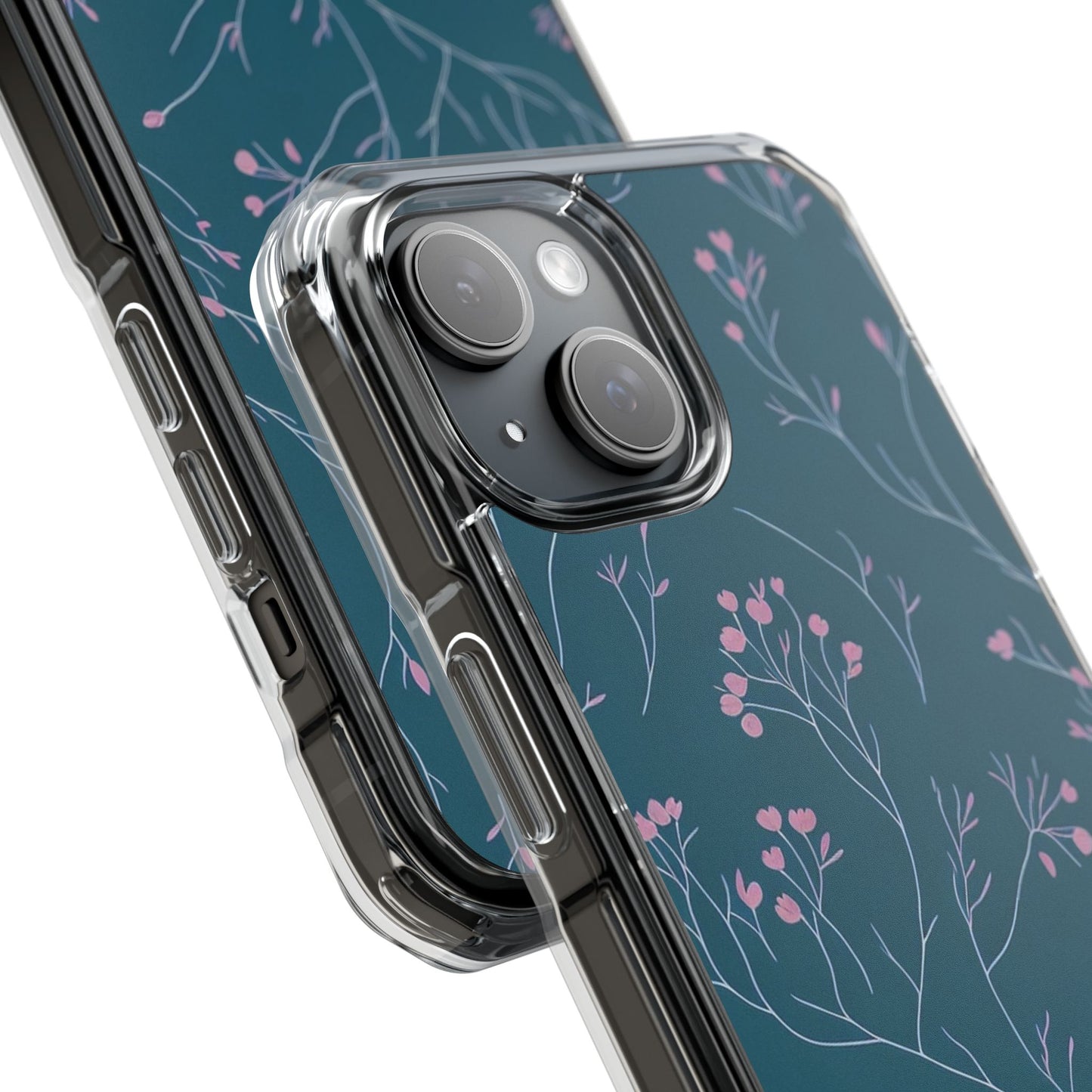 Teal Floral Magnetic Clear Impact Case for iPhone 16 15 14